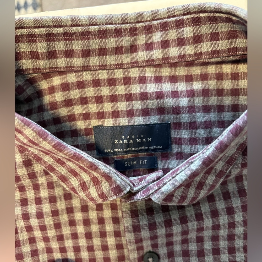 Zara Basic Slim Fit Button Up Shirt | Men’s Large | Gingham Burgundy Grey Cotton - Picture 3 of 9